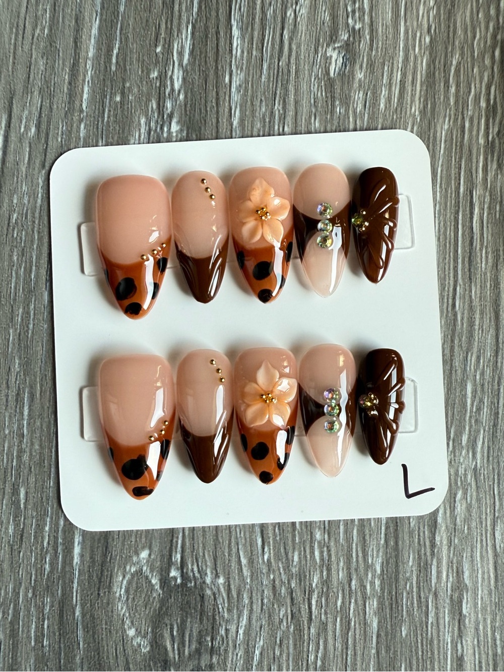 Nude & Brown Floral Leopard Press-On Nails with Rhinestone Accents